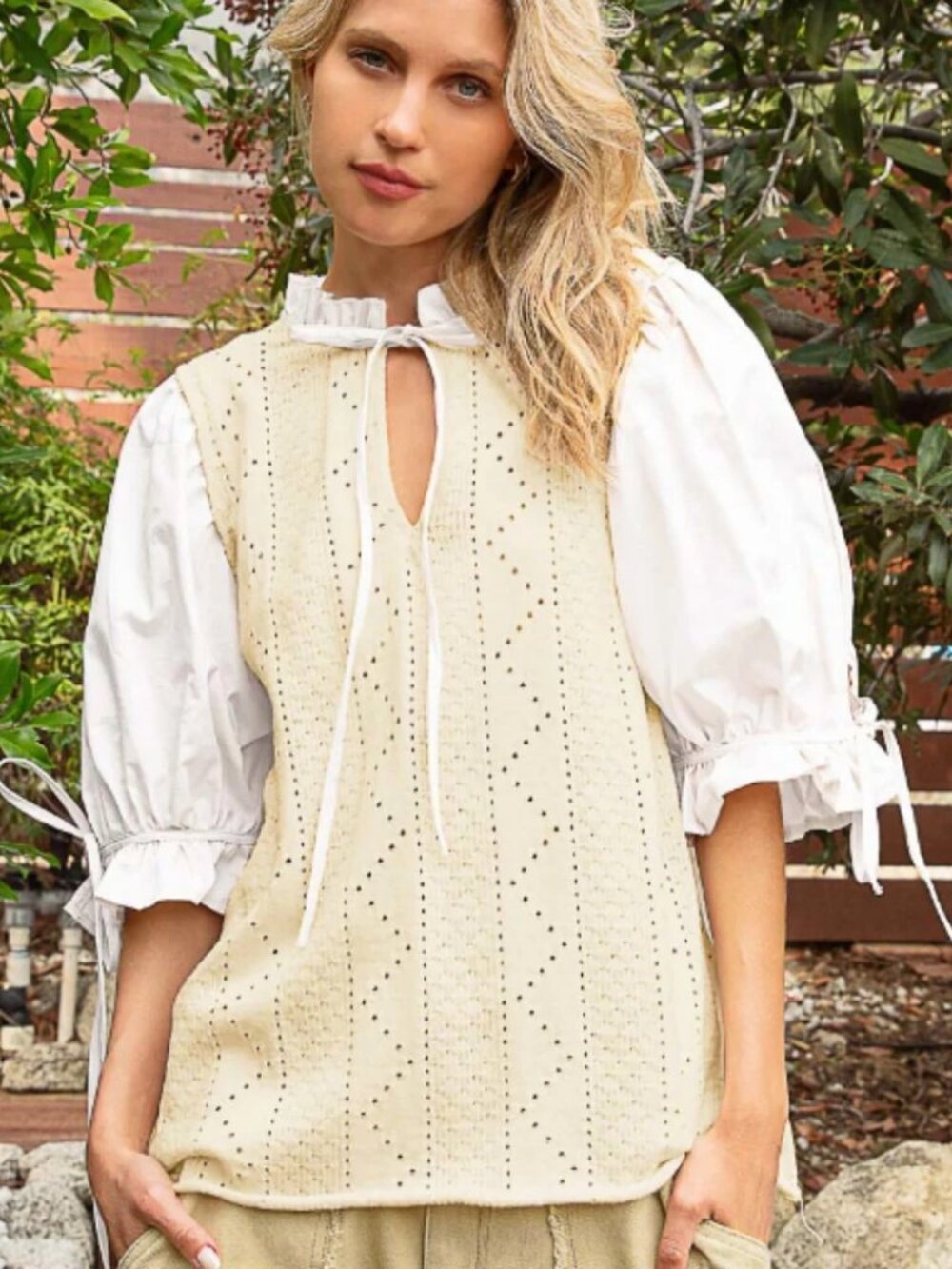 The PENELOPE Puff Sleeve Sweater Top Blouse Cream White Medium